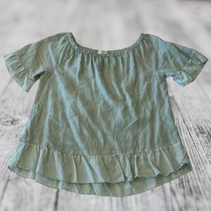 Terzo Millennio Sage Green 100% Linen Ruffle Top L Italy Coastal Grandma